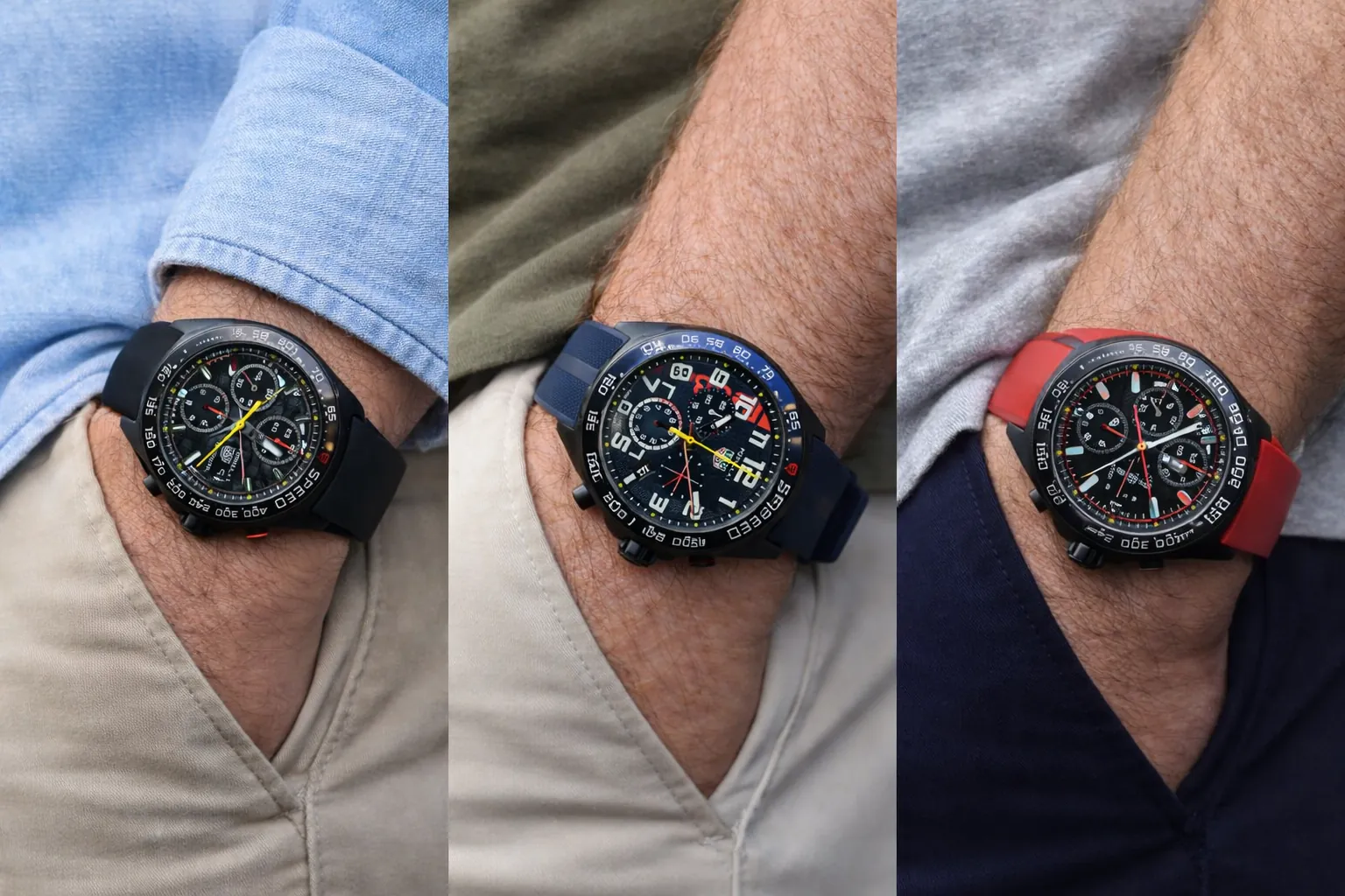 Tag Heuer Formula 1 replica worn on wrist showing different rubber strap color options and case fit