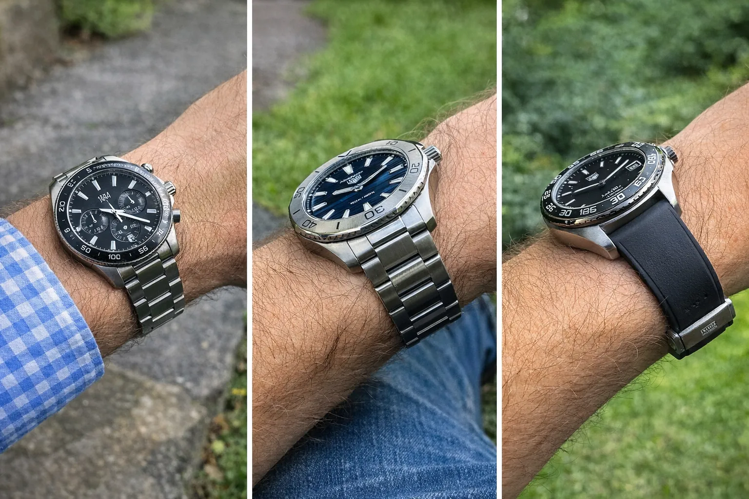 Wrist fit comparison of Tag Heuer Carrera, Aquaracer, and Formula 1 replica watches in 41mm to 43mm sizing