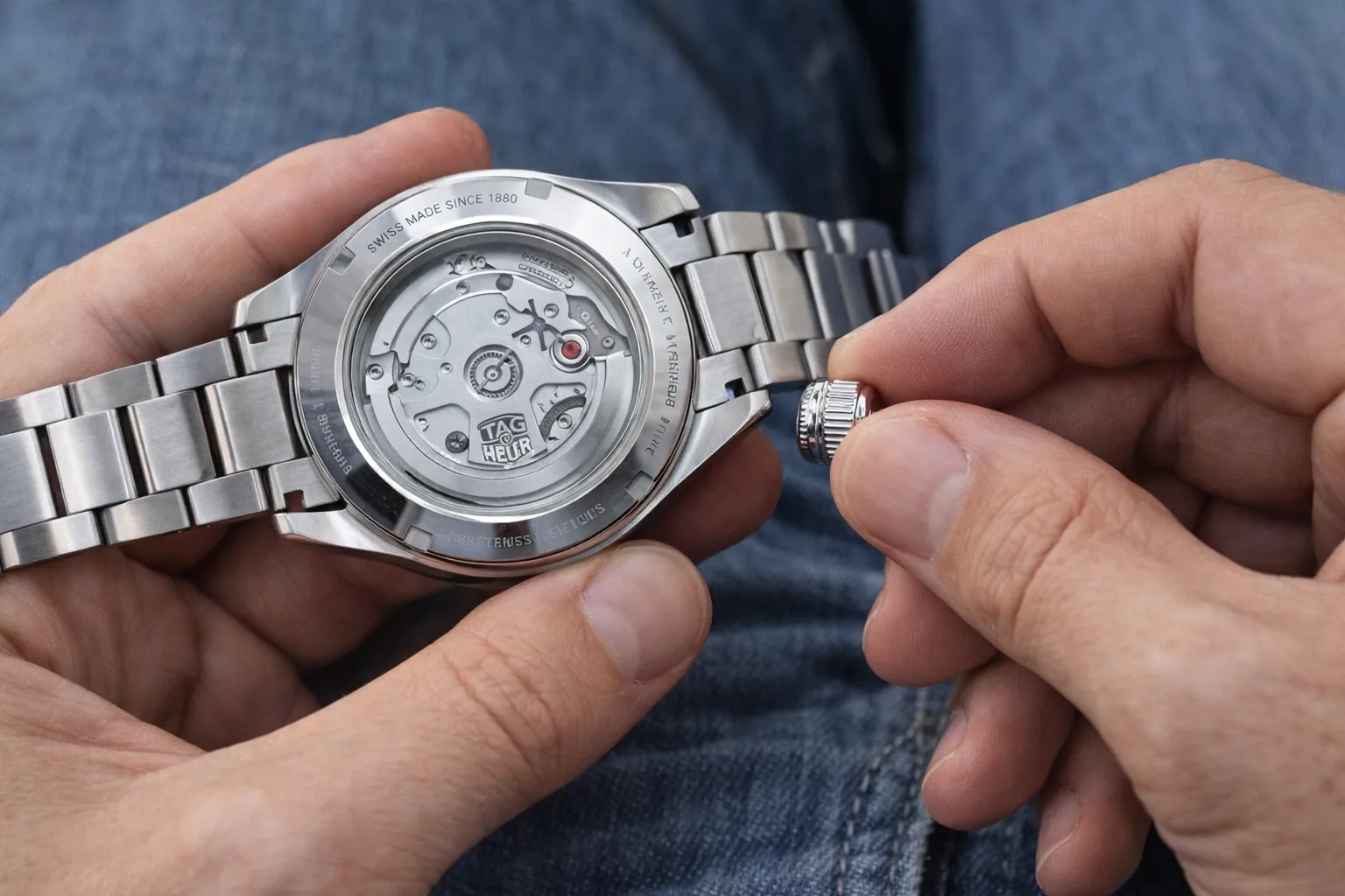 Caseback view of a Tag Heuer Formula 1 replica automatic watch during manual winding