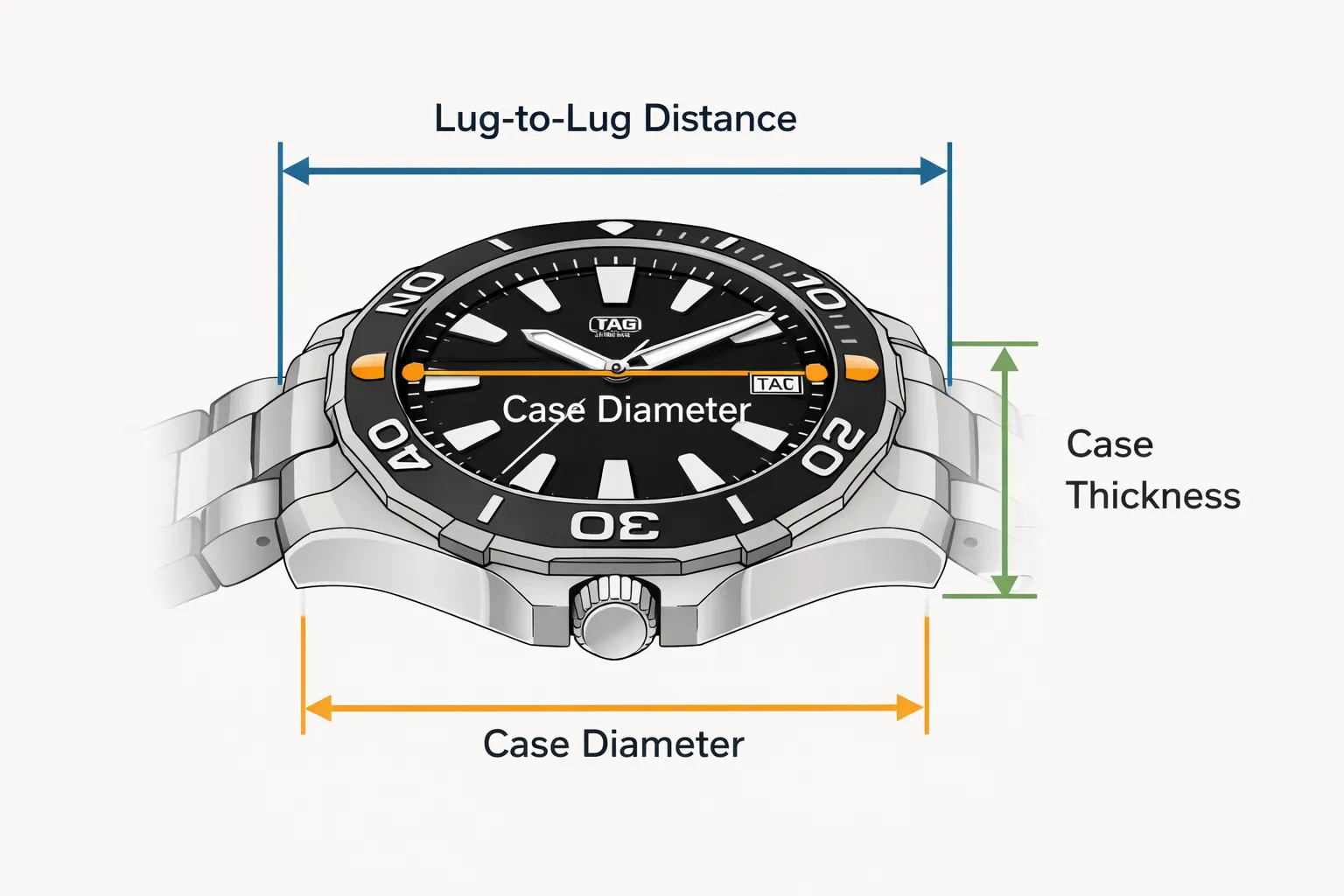 Watch case size diagram showing case diameter lug to lug distance and thickness