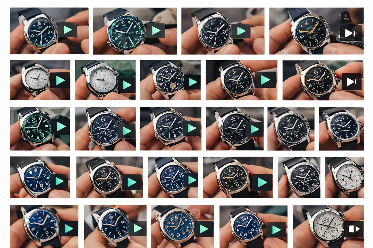 Watch QC video screenshot collage showing multiple mechanical models being inspected before shipping