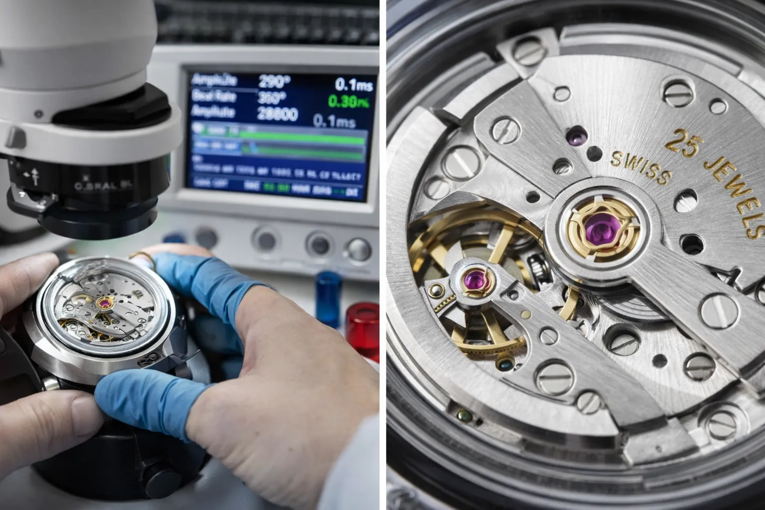 Automatisk urverksrörelse under kvalitetskontrollinspektion med balanshjulsdetalj och testutrustning