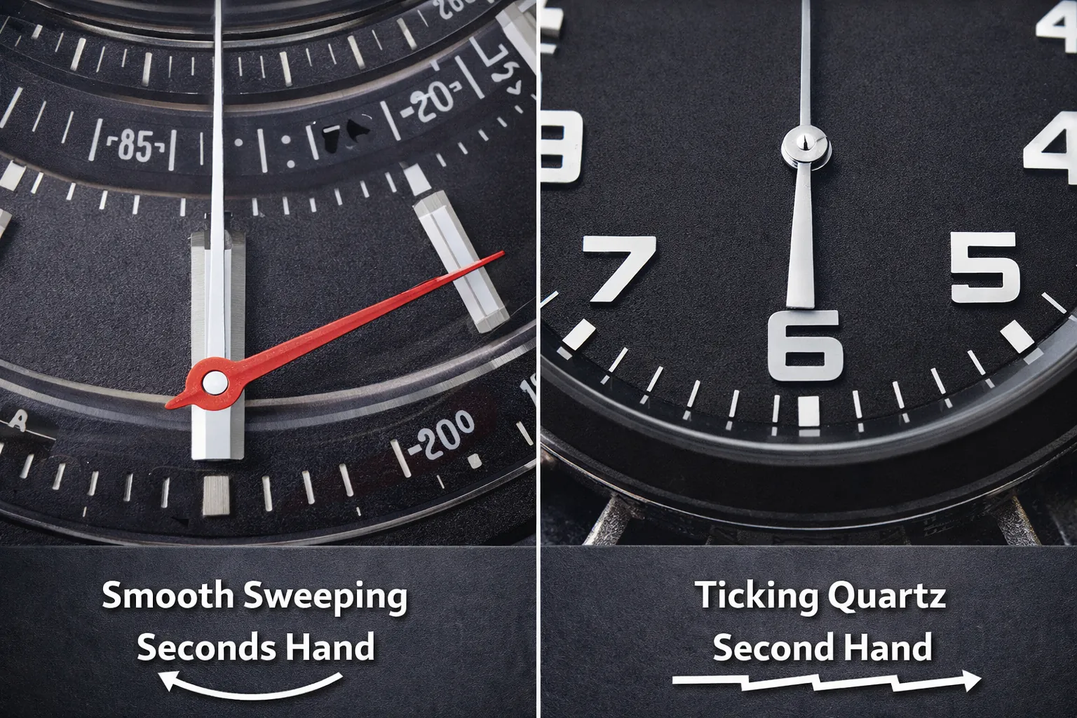 smooth sweeping second hand vs ticking quartz second hand in automatic vs quartz replica watch comparison