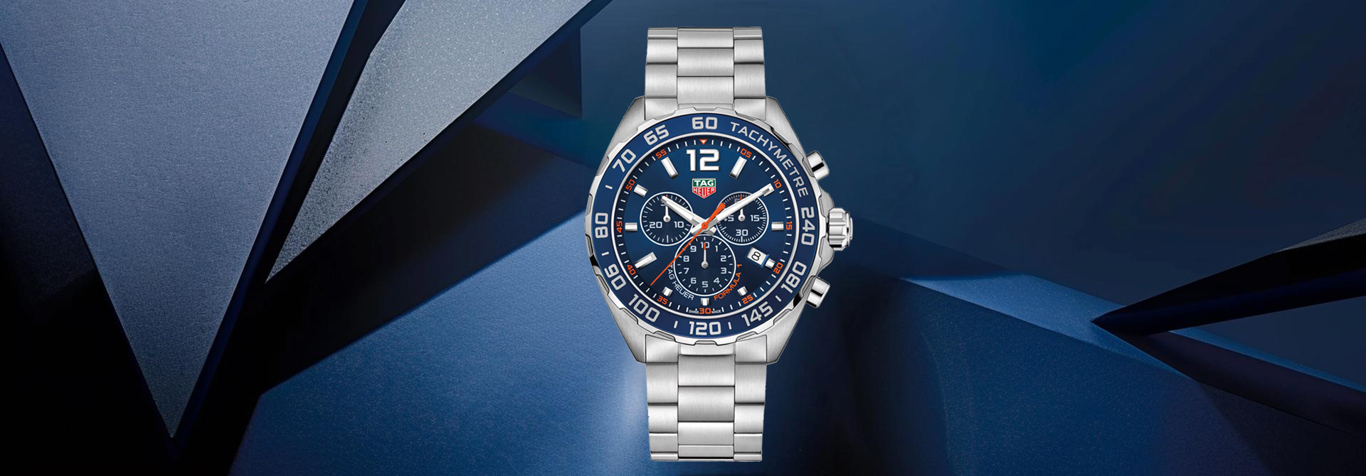 Tag Heuer Formula 1 replica watch with blue dial, stainless steel bracelet and chronograph displayslider_item_1