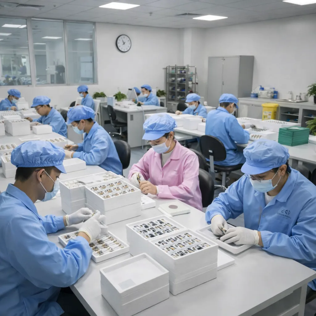 Clean assembly workshop with technicians performing manual precision assembly in a controlled production environment