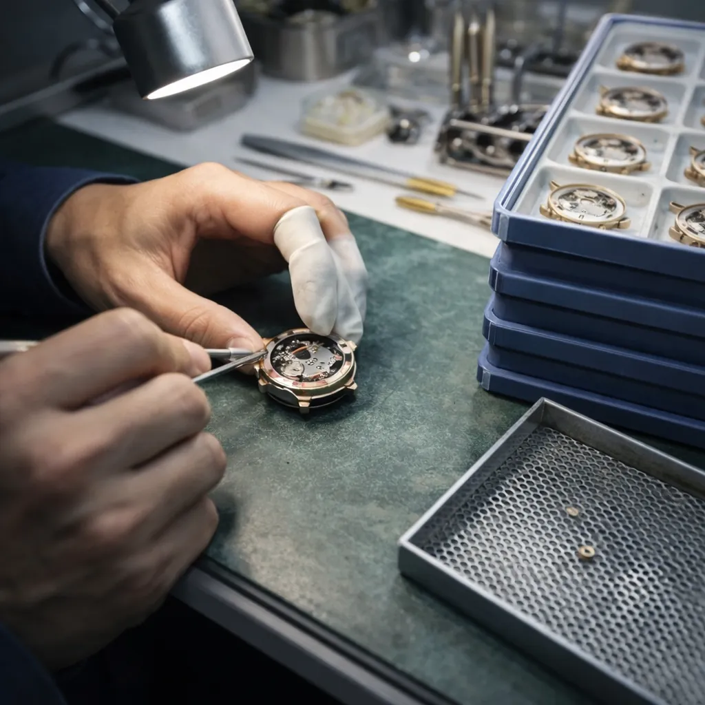 Close-up of technician performing high-precision manual assembly using specialized tools and controlled work surface