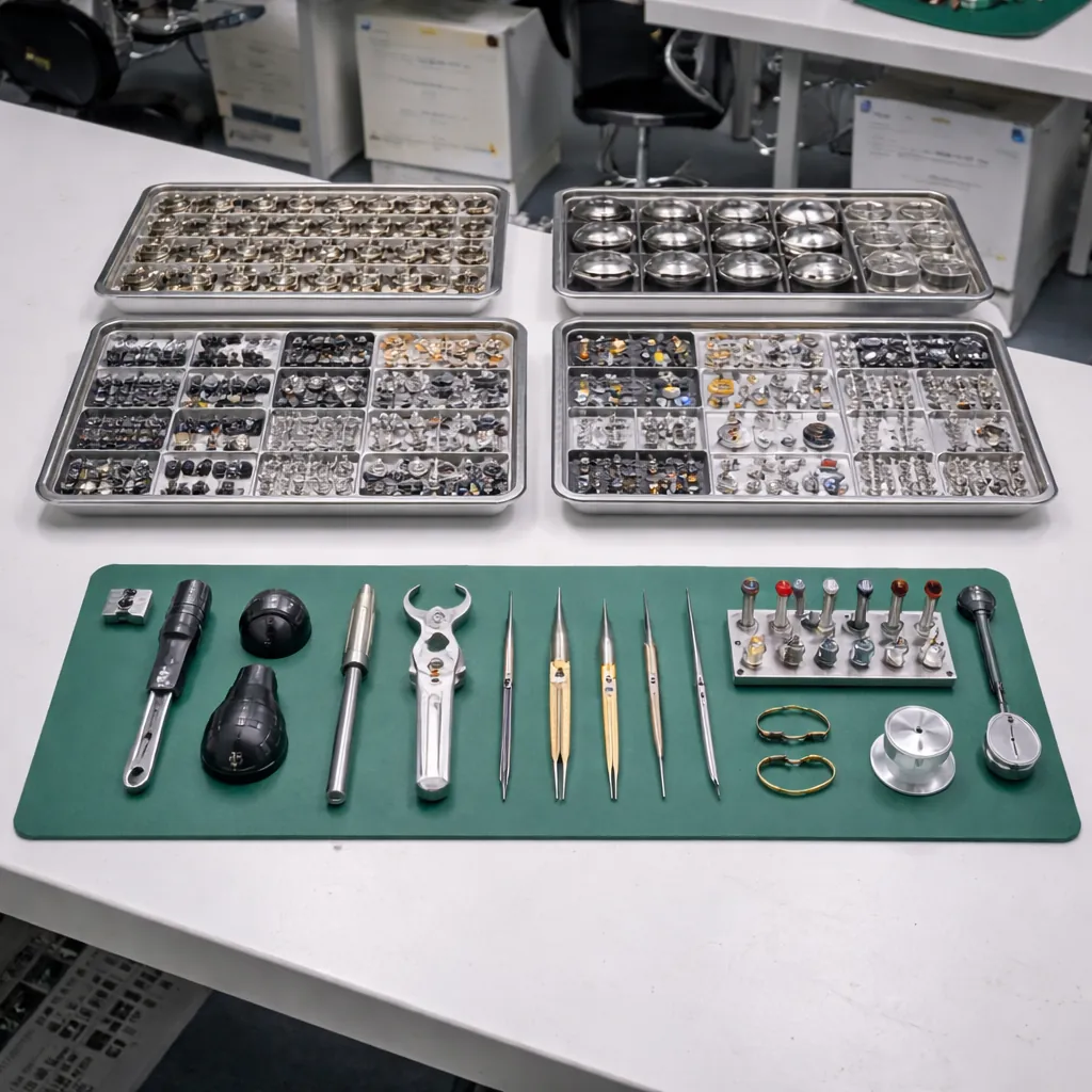 Precision components and professional assembly tools arranged on a workbench, representing standardized internal preparation