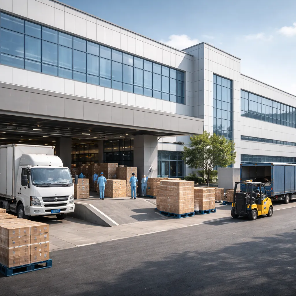 Factory logistics area with palletized goods being loaded and unloaded, showing organized warehouse and outbound handling process