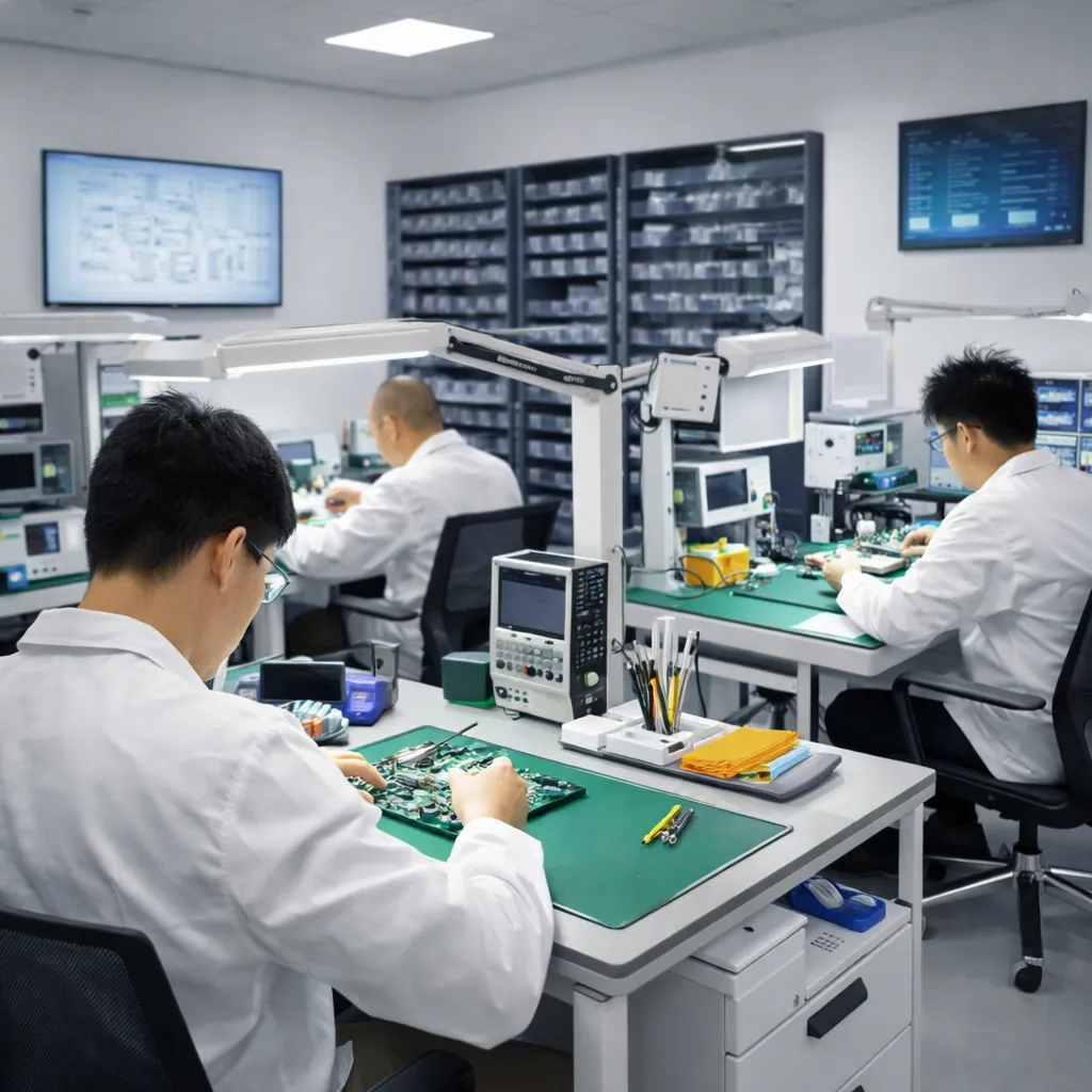 Modern precision laboratory where engineers conduct assembly, testing, and calibration under organized workstation conditions