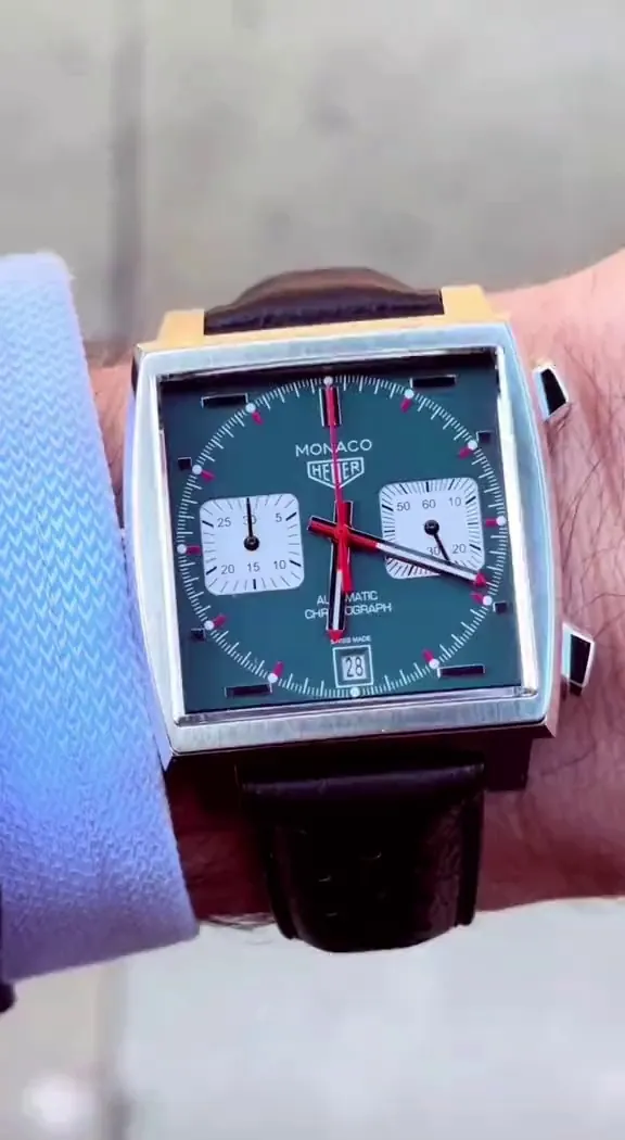 TAG Heuer Monaco automatic chronograph watch on wrist