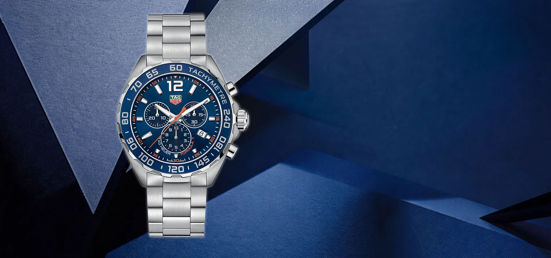 Tag Heuer Formula 1 replica watch with blue dial, stainless steel bracelet and chronograph displayslider_item_1