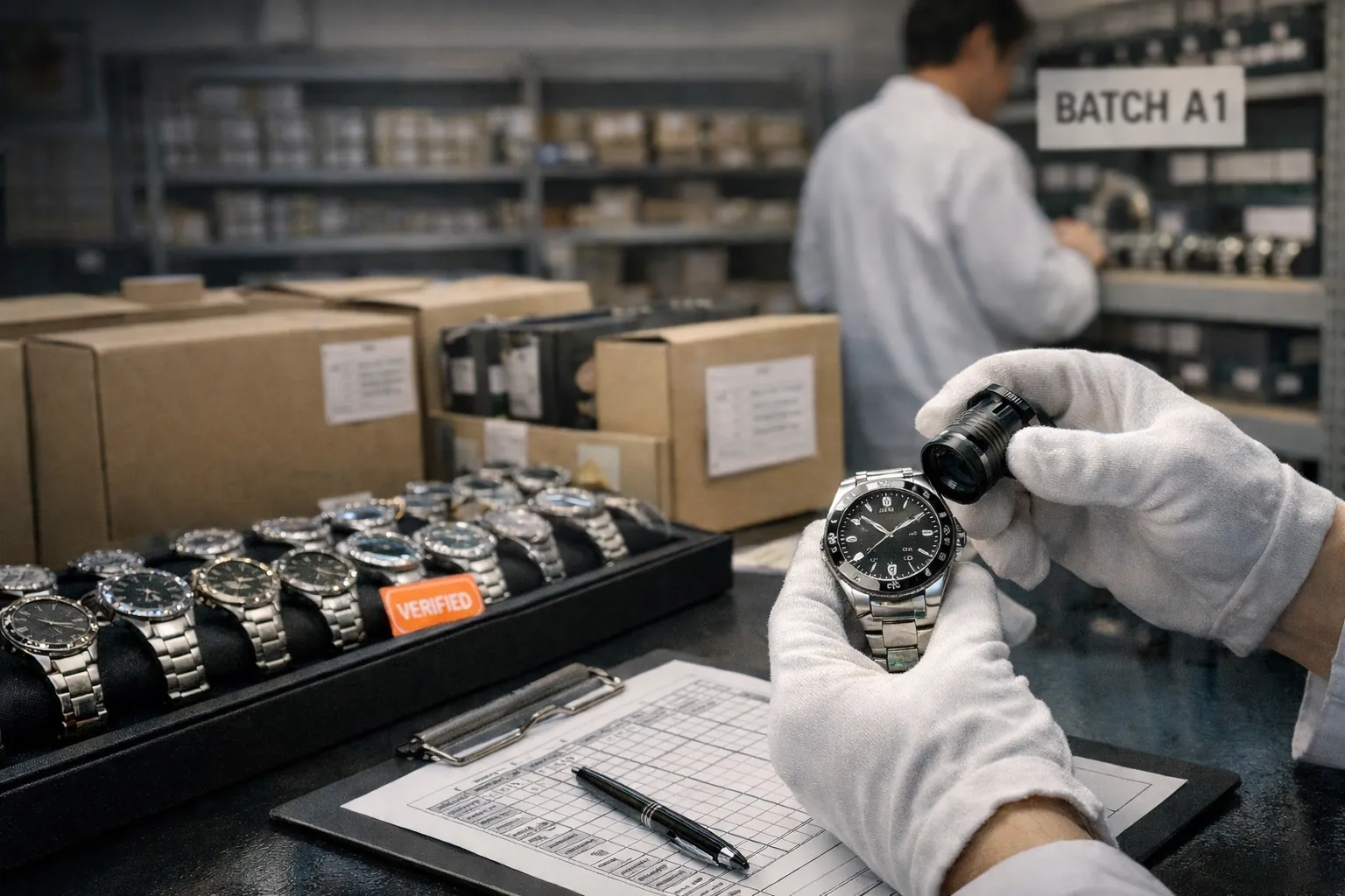 Watch stock preparation and batch verification process showing quality inspection of verified inventory before order fulfillment