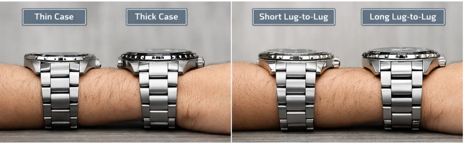 Side-by-side comparison of watch case thickness and lug-to-lug length, illustrating how case proportions affect balance and top-heavy feel