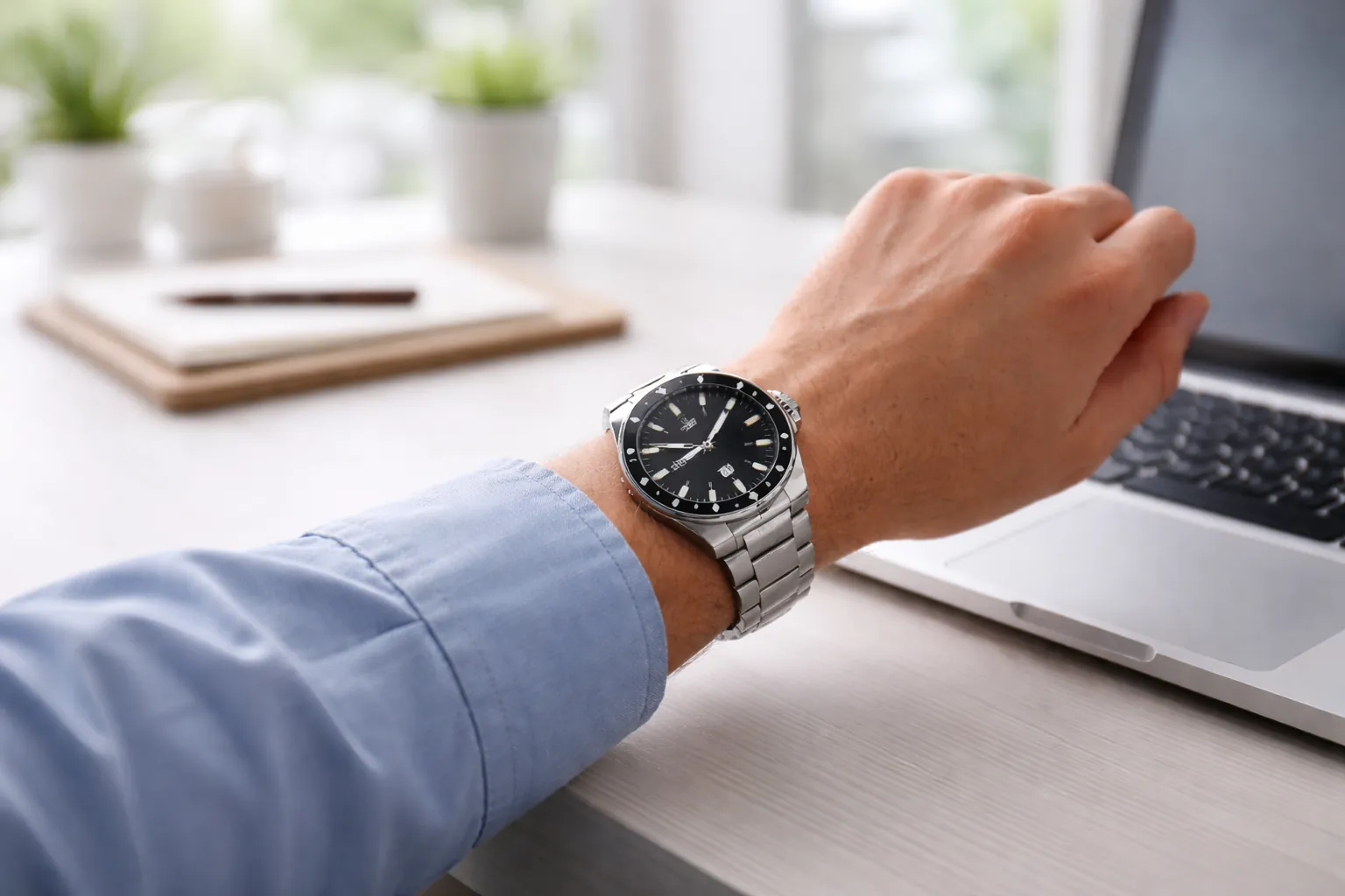 Wristwatch worn during office work, showing real-world watch wearability and daily comfort in a professional setting
