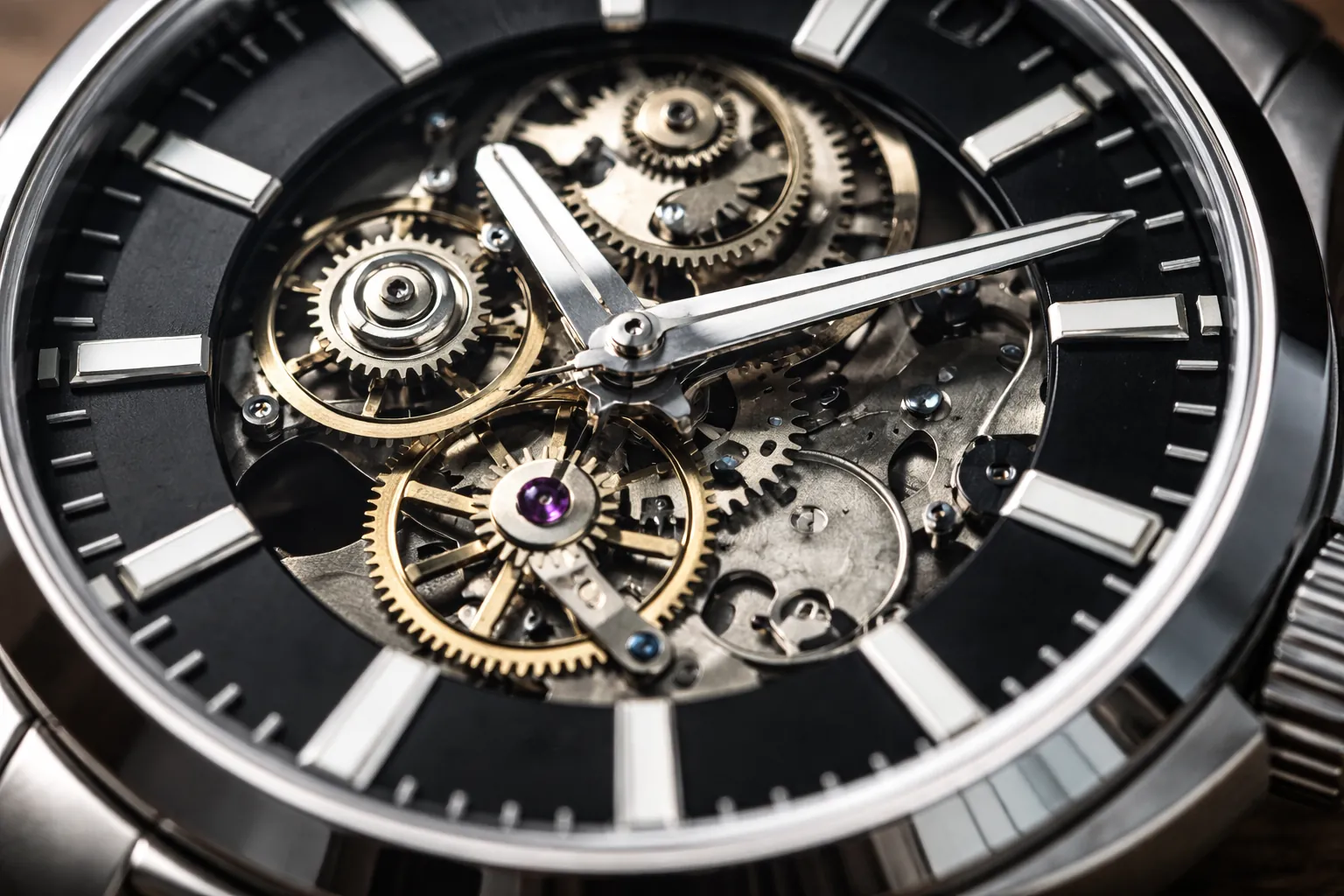 Close-up of a mechanical watch movement