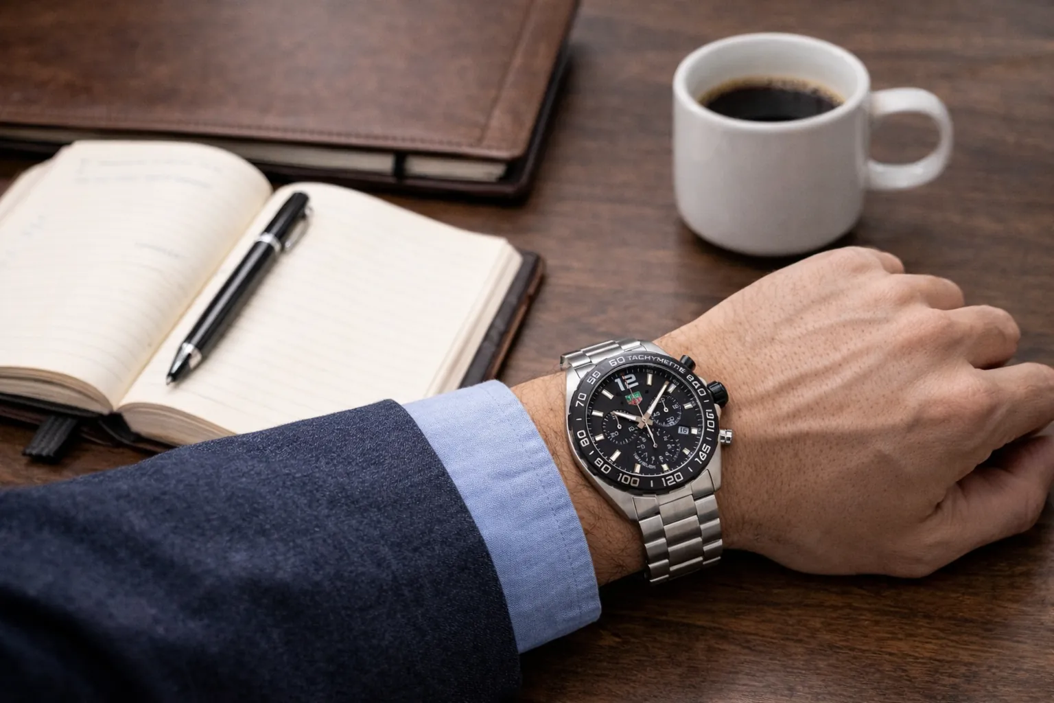 Chronograph watch worn during daily desk use, illustrating practical everyday wear and timing functionality