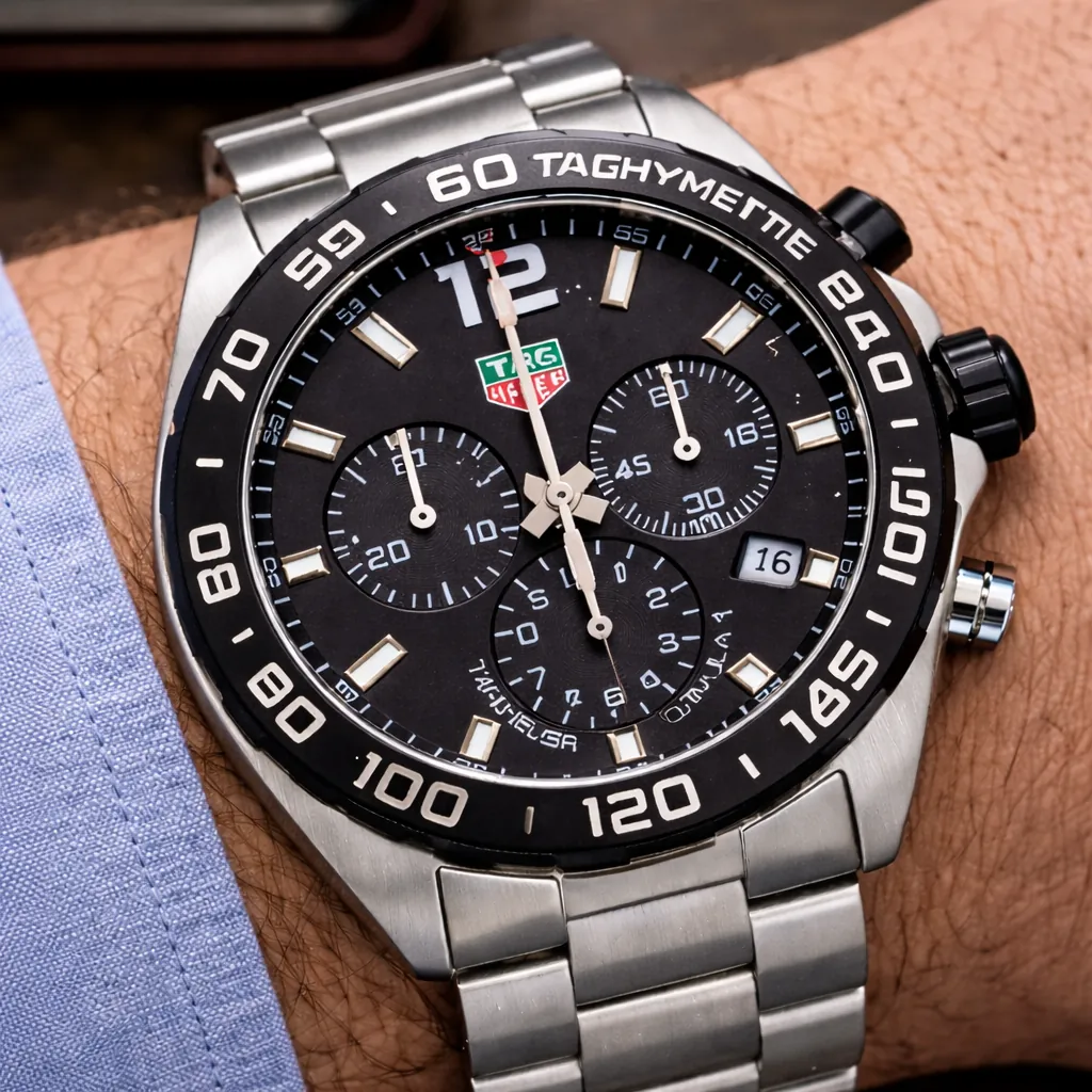 TAG Heuer Formula 1 chronograph watch worn on wrist, showing tachymeter bezel, sub-dials, and stainless steel bracelet