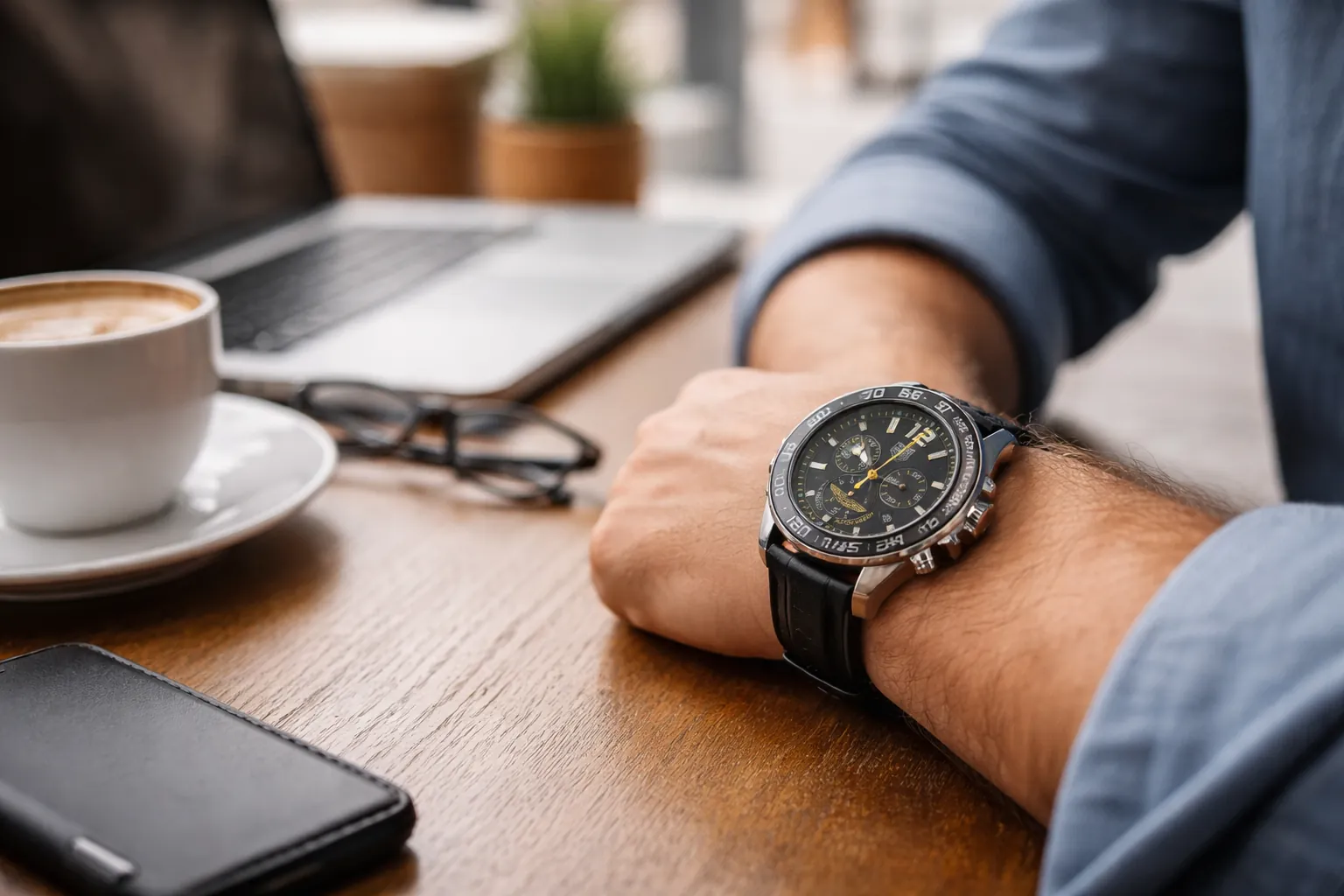 Wristwatch worn during everyday activities in a casual work environment, illustrating how daily usage affects watch maintenance needs