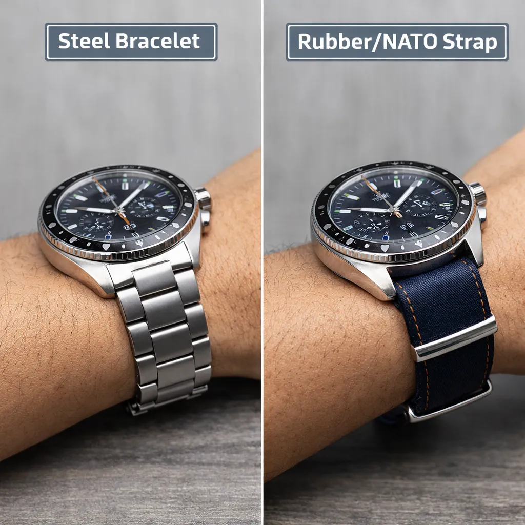 Same watch worn with steel bracelet and rubber NATO strap, comparing how strap materials influence balance and wearing comfort