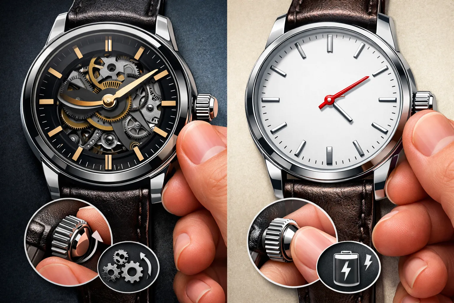 Side-by-side comparison of automatic mechanical and quartz watches, illustrating differences in movement behavior and user interaction
