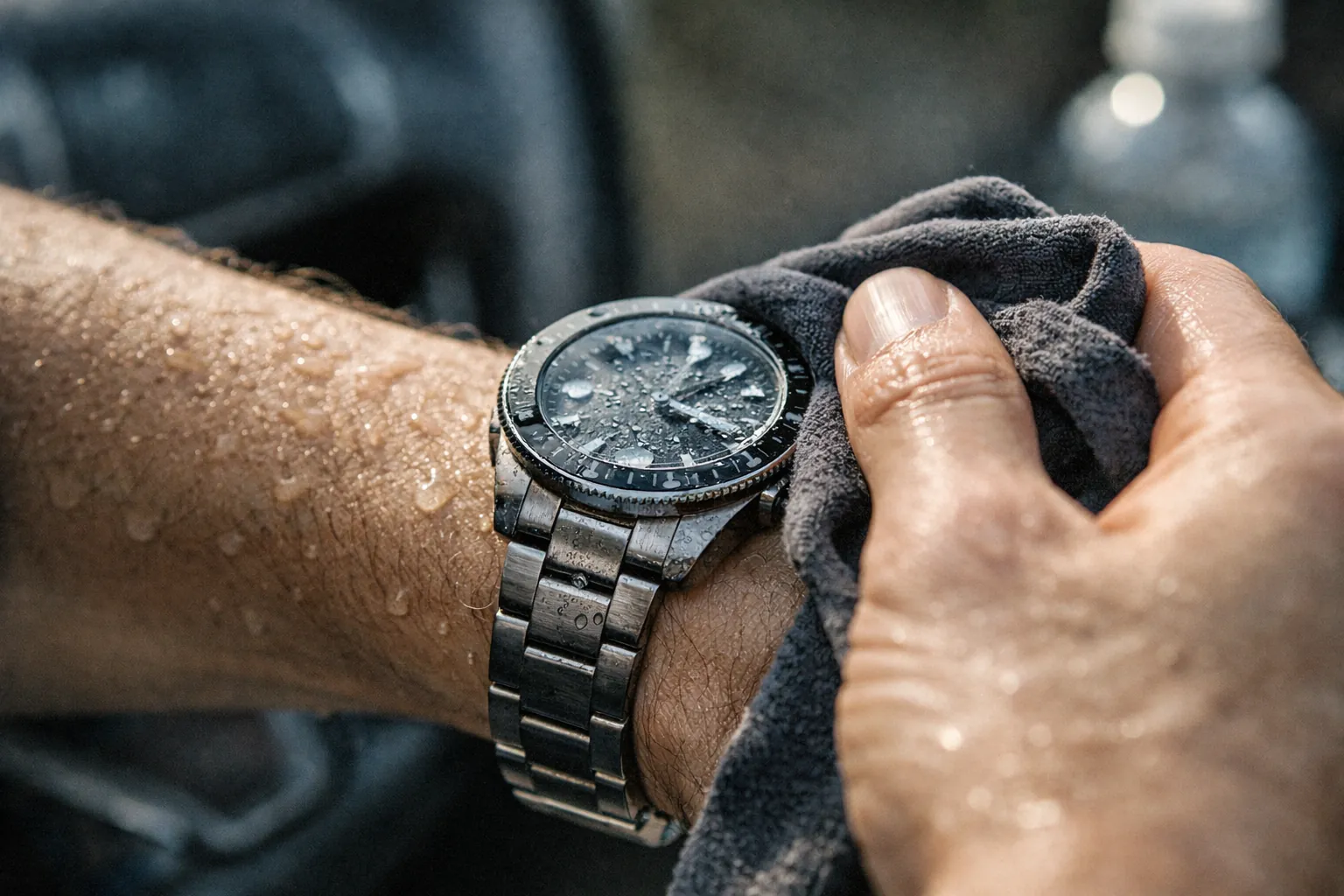 Daily wear conditions affecting watch materials, showing sweat, friction, and frequent handling on a wristwatch