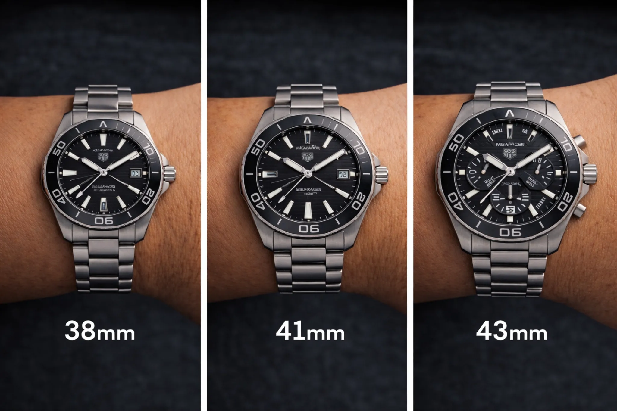 TAG Heuer Aquaracer size comparison on wrist 38mm vs 41mm vs 43mm