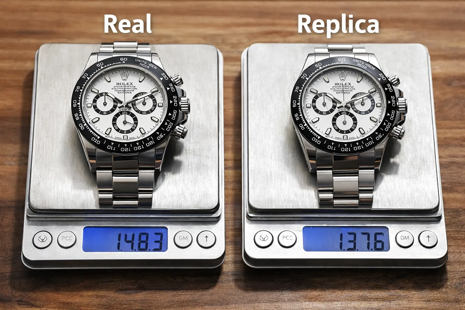 alt="Replica klocka vs original förklarat: verklig vs replica viktjämförelse på digital våg"