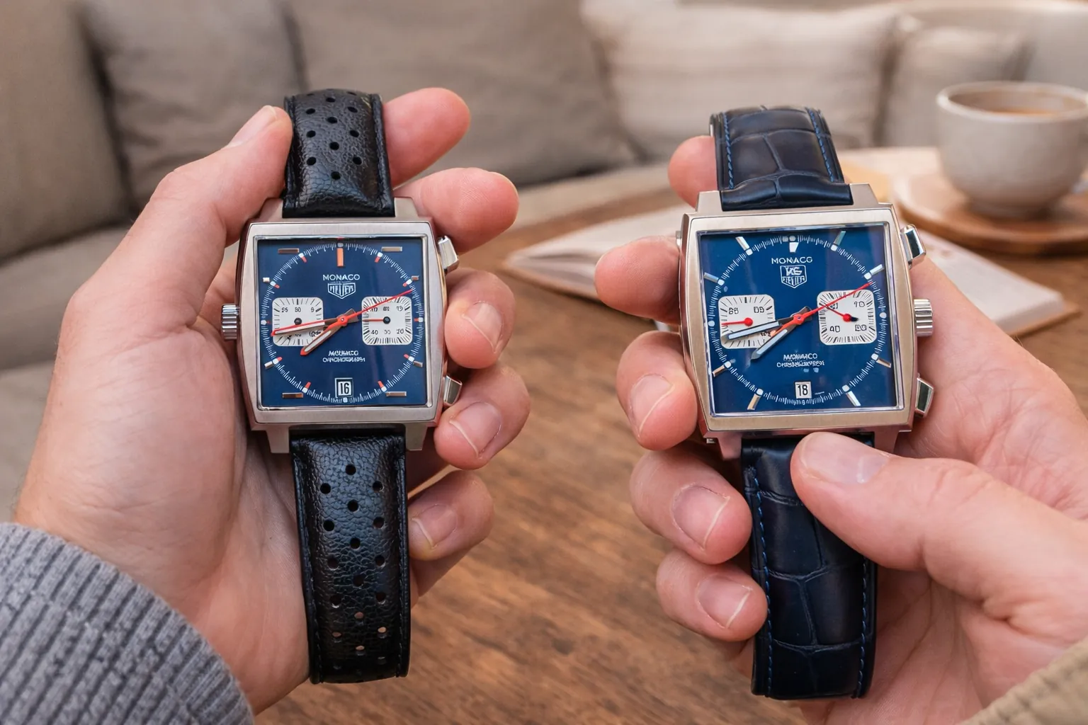 tag heuer monaco replica comparison setting showing dial details and leather strap options