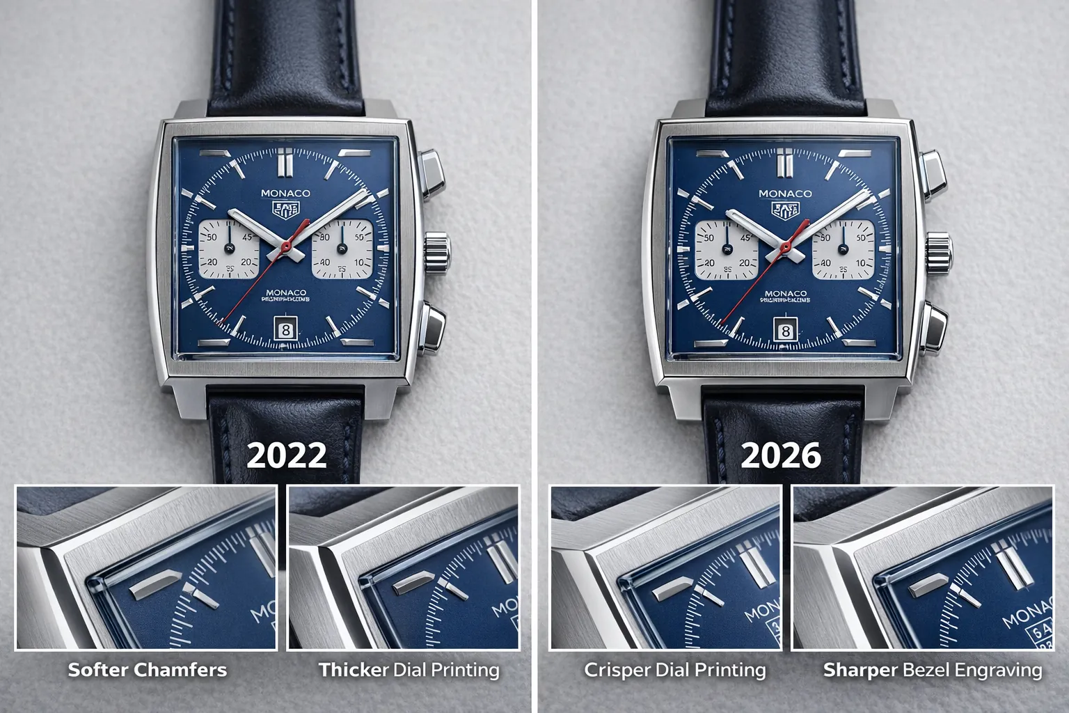 2022 vs 2026 repliker jämförelse som belyser skillnader i fasadens skärpa, urtavletryck och bezelgravyr