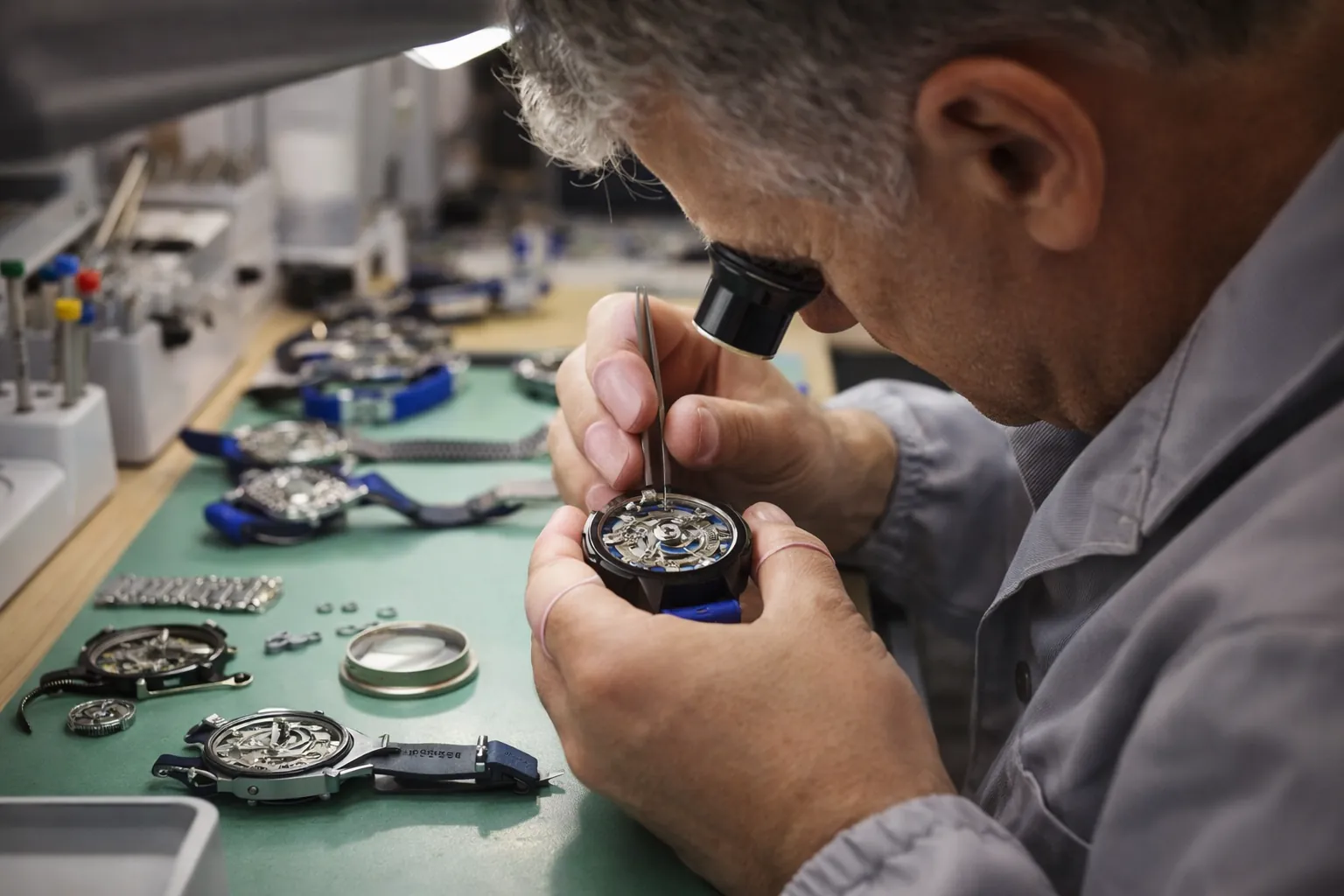 Close inspection of a replica watch movement during the quality control process.