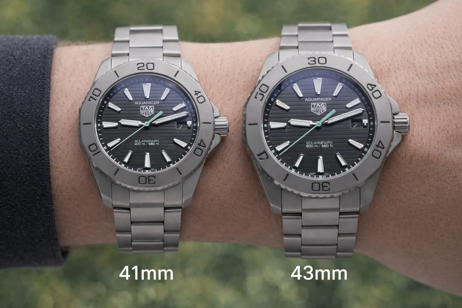 Tag Heuer Aquaracer 41mm vs 43mm storleksjämförelse på handled