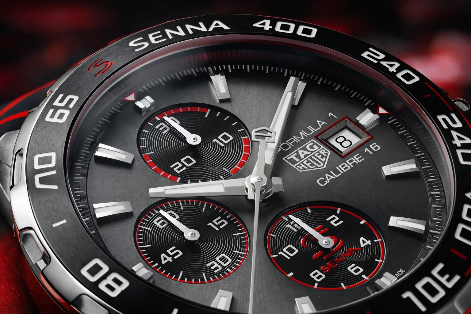 tag heuer formula 1 replica chronograph dial detail with tachymeter bezel and subdials