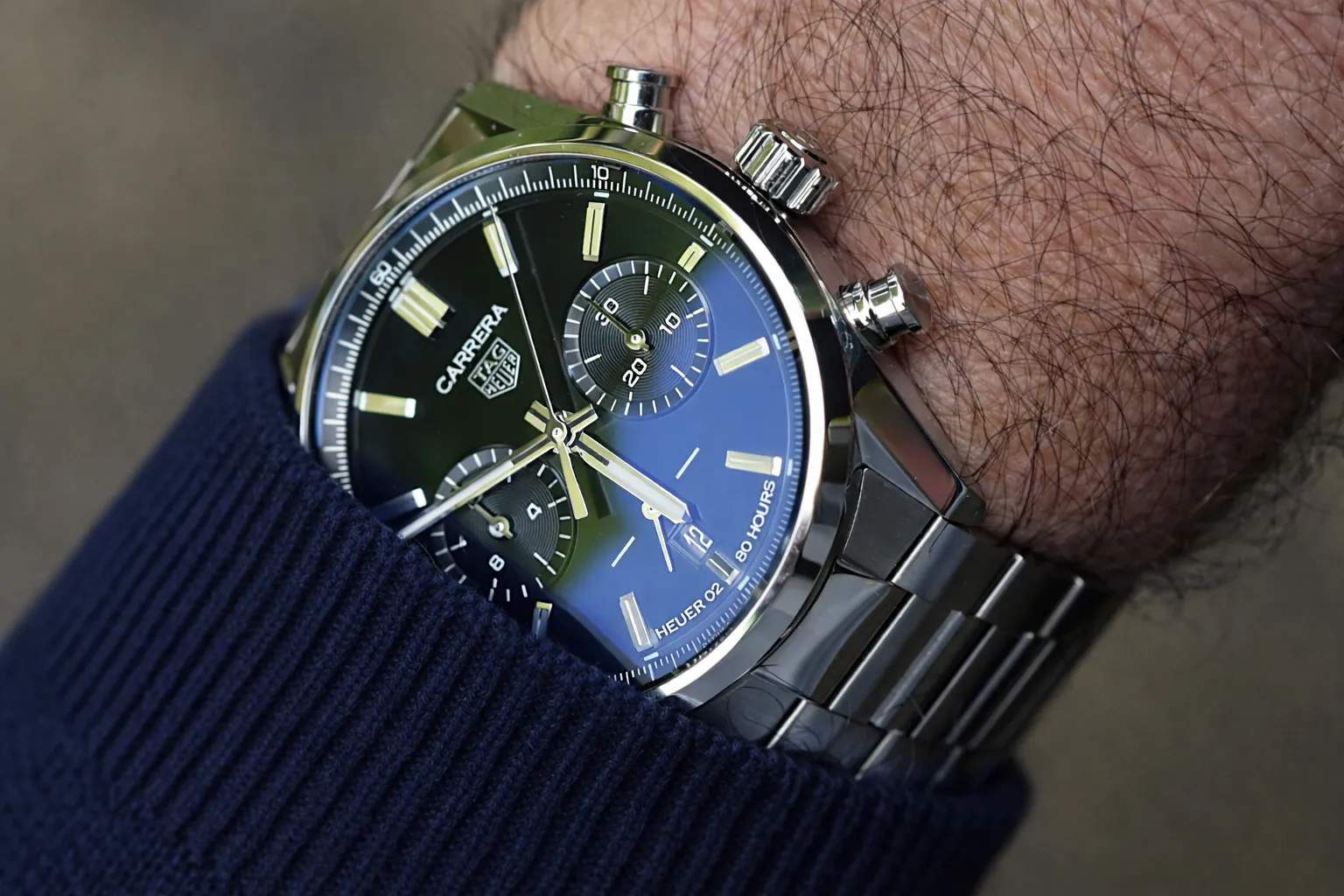 high quality tag heuer replica watch on wrist showing chronograph design