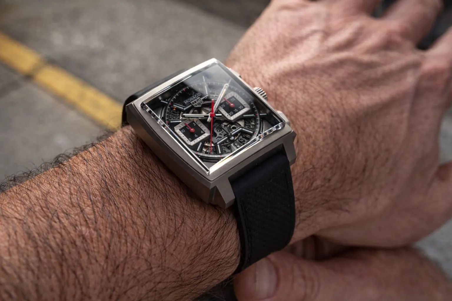 TAG Heuer Monaco replica watch on wrist real wearing experience square case design