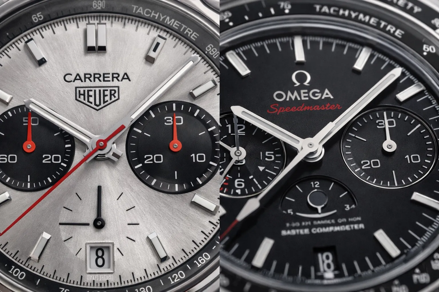 carrera vs speedmaster replica dial layout comparison showing subdials structure and readability differences
