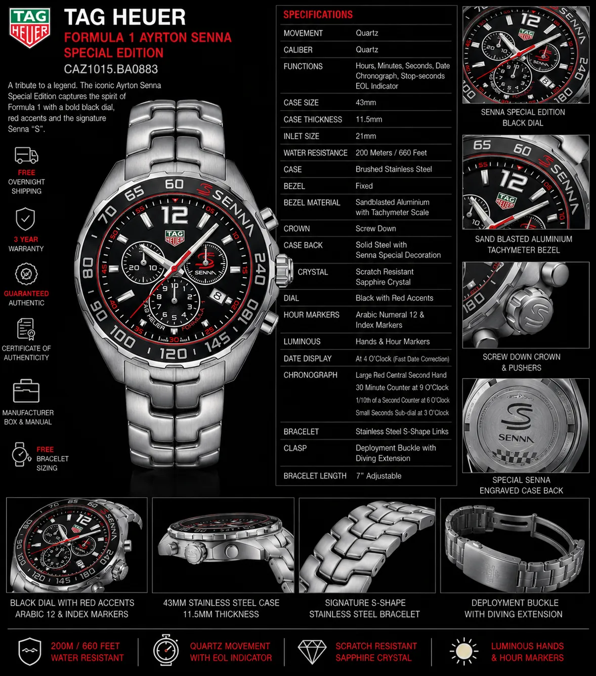 TAG Heuer Formula 1 Ayrton Senna Special Edition CAZ1015.BA0883 सुपर क्लोन क्रोनोग्राफ घड़ी जिसमें काले डायल, लाल रेसिंग एक्सेंट, सेनना लोगो विवरण, टाचिमेटर बेज़ल, और स्टेनलेस स्टील ब्रेसेलेट है, जो एक लक्जरी काले प्रचारात्मक इन्फोग्राफिक में विस्तृत विनिर्देशों और क्लोज़-अप फीचर पैनलों के साथ प्रदर्शित है।