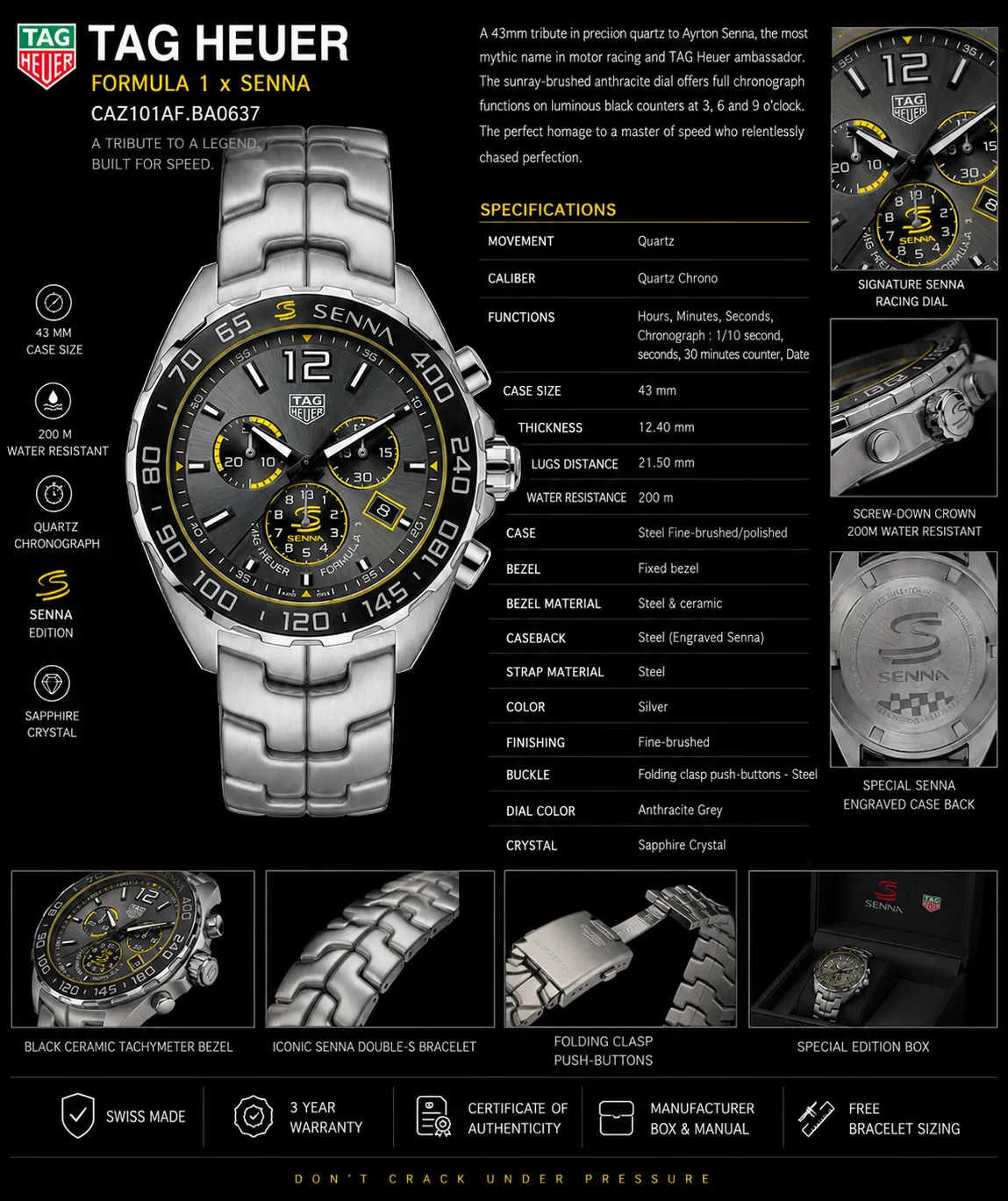 ساعة TAG Heuer Formula 1 x Senna CAZ101AF.BA0637 سوبر كلون كرونوغراف مع قرص رمادي أنثراسايت، لمسات صفراء من سنّا، إطار تاكيمتر سيراميكي أسود، سوار من الفولاذ المقاوم للصدأ، وحركة كوارتز معروضة في تصميم ترويجي فاخر باللون الأسود مع مواصفات تفصيلية وميزات قريبة من الساعة.