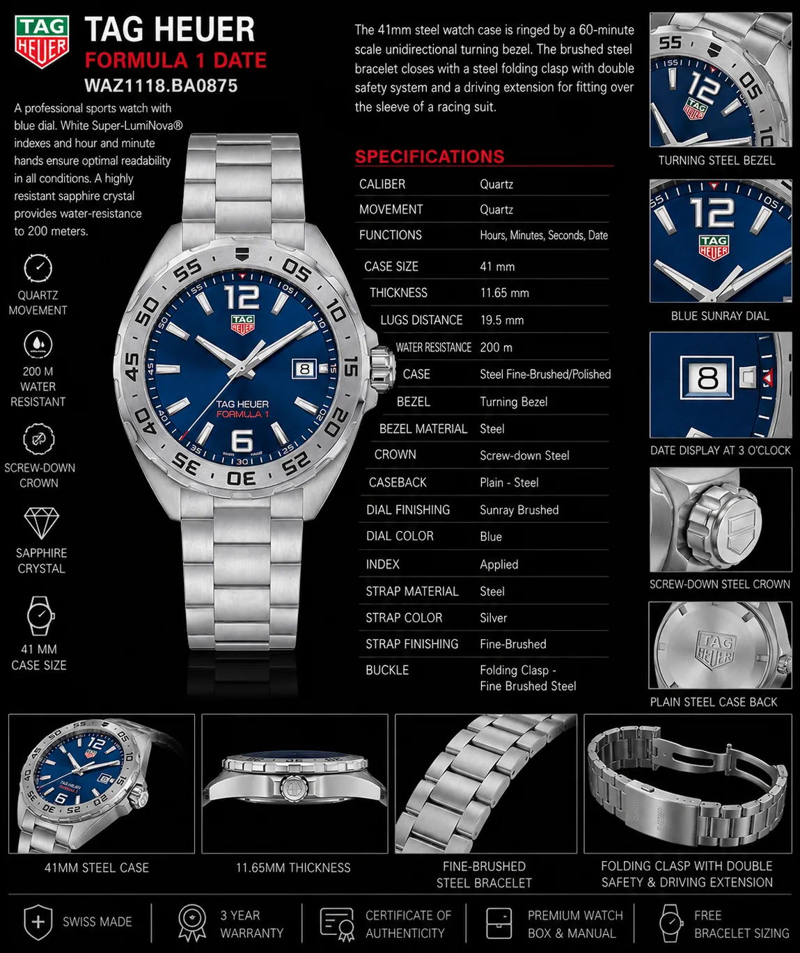 ساعة TAG Heuer Formula 1 Date WAZ1118.BA0875 سوبر كلون مع قرص أزرق مشمس، أرقام بيضاء كبيرة &lsquo;12&rsquo; و &lsquo;6&rsquo;، إطار دوار فضي، سوار من الفولاذ المقاوم للصدأ، وحركة كوارتز معروضة في إنفوجرافيك ترويجي فاخر باللون الأسود مع مواصفات تفصيلية ولوحات ميزات قريبة.