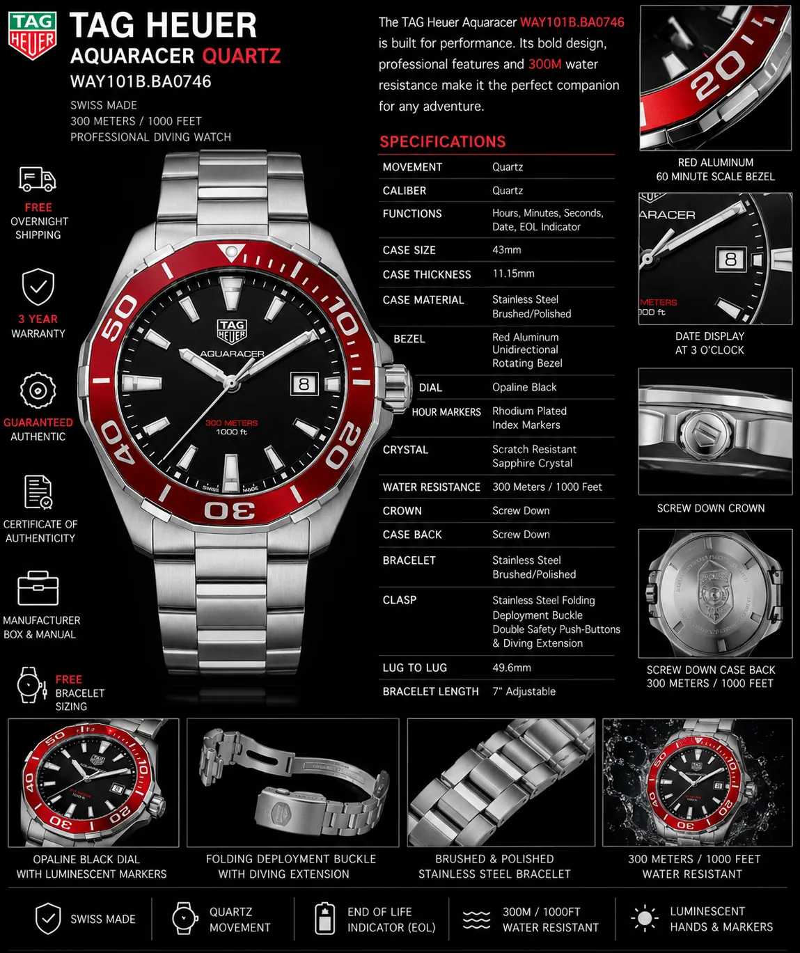 TAG Heuer Aquaracer WAY101B.BA0746 सुपर क्लोन डाइविंग घड़ी जिसमें ओपलाइन काले डायल, लाल एल्युमिनियम घूर्णन बेज़ल, स्टेनलेस स्टील की कलाई, चमकदार मार्कर और क्वार्ट्ज मूवमेंट है, जो एक लक्जरी काले प्रचार इन्फोग्राफिक में विस्तृत विनिर्देशों और क्लोज़-अप फीचर पैनलों के साथ प्रदर्शित किया गया है।