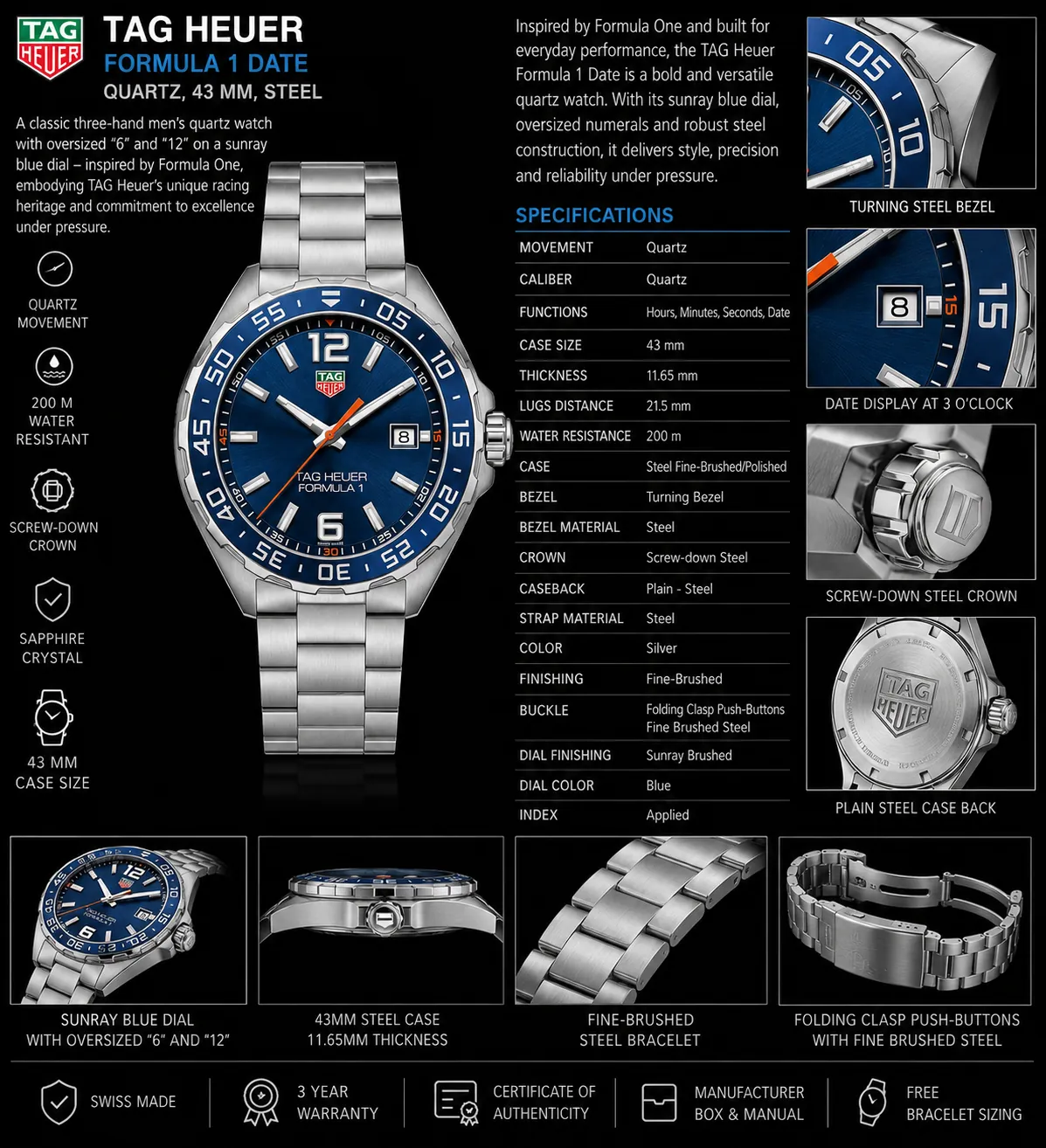 ساعة TAG Heuer Formula 1 Date 43MM سوبر كلون مع قرص أزرق مشمس، أرقام بيضاء كبيرة &lsquo;6&rsquo; و &lsquo;12&rsquo;، إطار دوار أزرق، سوار من الفولاذ المقاوم للصدأ، وحركة كوارتز معروضة في إنفوجرافيك ترويجي فاخر باللون الأسود مع مواصفات تفصيلية ولوحات ميزات قريبة.