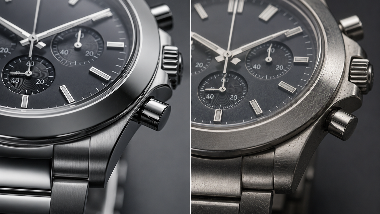Close-up comparison concept showing luxury chronograph watch details and craftsmanship differences
